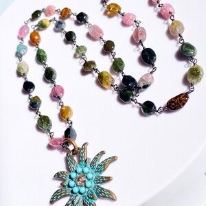 Genuine Multicolor Tourmaline Gemstone Turquoise Sun Necklace